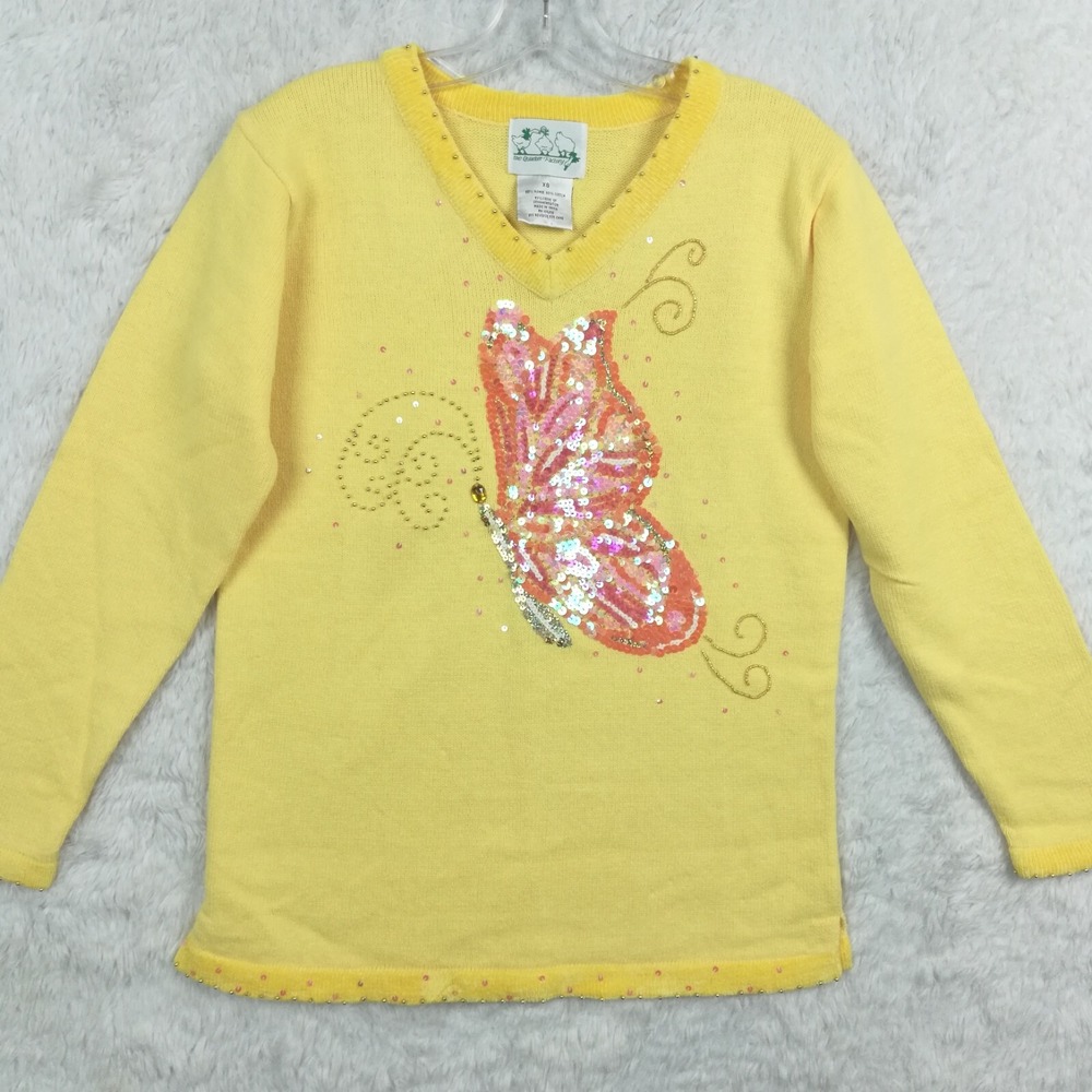 Quacker Factory Womens Sweater Butterfly Jeweled Beaded Bling Yellow V Neck XS